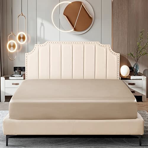 Image of Ersmak Satin Fitted Sheet Only, Luxury Silky King Fitted Sheet Ultra Soft Deep Pocket Bottom Sheet, Wrinkle & Fade Resistant - Beige