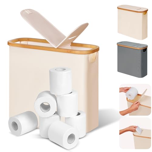 efluky 28L 2-in-1 Toilettenpapier Aufbewahrung Korb aus Bambus mit Papierauslass, Toilet Paper Organizer, Klopapier Aufbewahrung mit Deckel, Faltbarer Aufbewahrung Box für Badezimmer, WC (Beige) 1