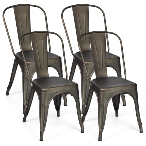 Image of COSTWAY 18 inch Dining Chair Set of 4, Stackable Metal Chairs with Removable Backrest, Home Industrial Bar Chairs Set with High Backrest, for Kitchen, Dining Room, Cafe Bar, Outdoors (Gun Gray)