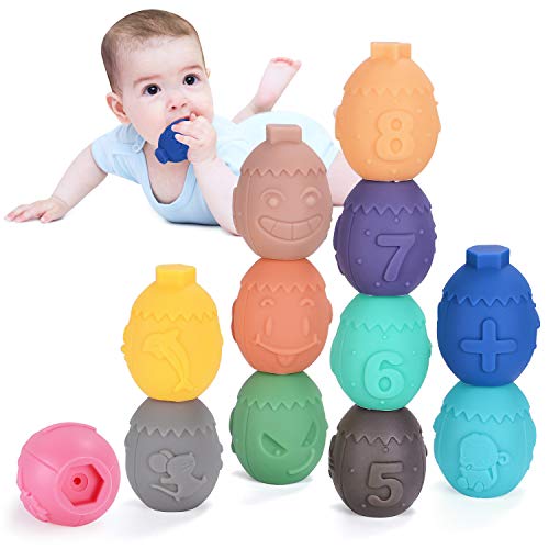 Baby Toys Easter Eggs for Toddlers 6 9 12 Month Boys and Girls Sensory Stacking Block Eggs with Numbers Animals Shapes Emoji Gift for 1 2 3 Year Old - 12 Eggs