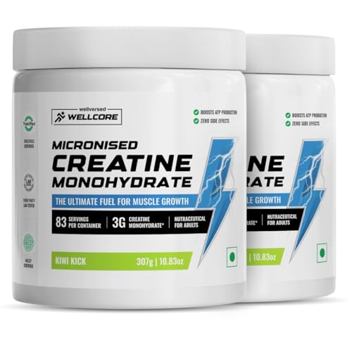 Image of Wellcore Pure Micronised Creatine Powder (83 Servings, Kiwi Kick) For Enhanced Muscle Strength With Rapid Absorption | Creatine Monohydrate | Wellcore Creatine Flavoured - 307g (Pack of 2)