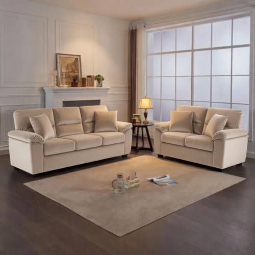 Image of Anderson Sofa Set for Living Room | Sectional Sofas | Premium Leather Sofa for Home Office | Leather Sofa Set | Leatherette Sofa (Beige Fabric, 3+2 Seater)