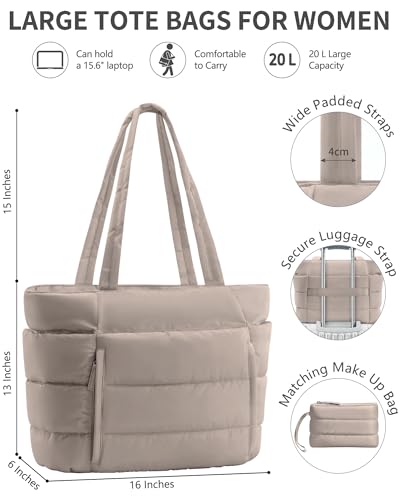 Image of Bagstellar Puffer Tote Bag for Women, Lightweight Puffy Work Handbag Teacher Nurse Quilted Shoulder Bag for School Travel Gym | Cloud Bag w / Zipper