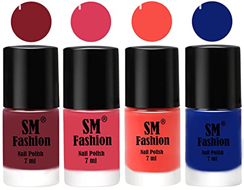 Image of Nail Polish Combo Set (Pack of 4) Quick Dry Gel Finish Nail Paint | Lip,Rose,Coral,Blue | 7 ml Each