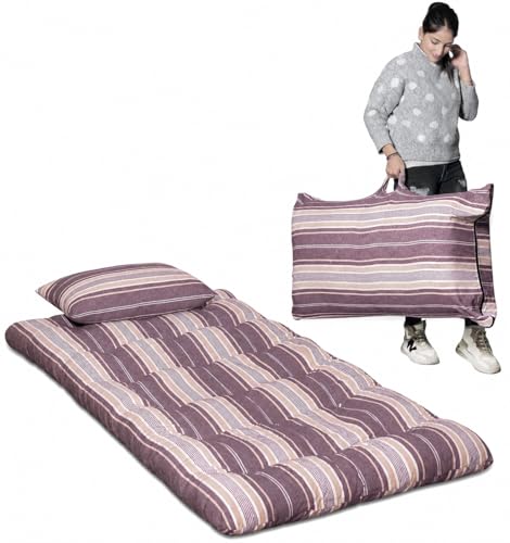 Image of Single Bed Mattress, Natural Cotton, 2.5 x 6 Feet | Mehroon and White Stripe Pattern, Foldable, Ruyi Gadi, For Guests