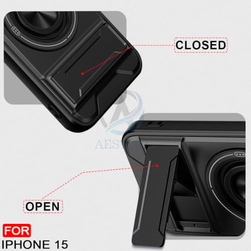 Image of AESTMO iPhone 15 Back Cover | Armor Camera Slider 360 Degree Rotating Finger Ring Holder Case with Bracket Stand Back Case Cover (Compatible with MagSafe Accessories) (Black)