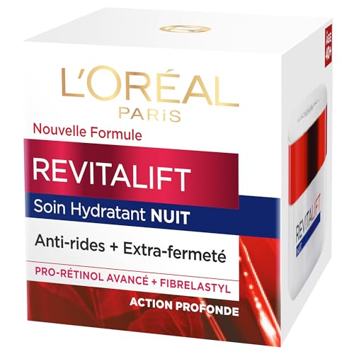 L’Oréal Paris - Soin Nuit Hydratant Visage Anti-Âge - Crème Anti-Rides, Extra-Fermeté & Tonifiante - Enrichi au Pro-Rétinol & Fibrelastyl - Tous Types de Peaux - Revitalift - 50 ml