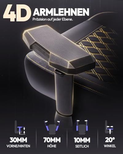 Dowinx Gaming Stuhl 200kg Belastbarkeit Chefsessel, Ergonomischer Bürostuhl mit 4D Armlehnen und Lendenwirbelstütze, Höhenverstellbarer Gaming Chair für Gamer und Esport Schwarz