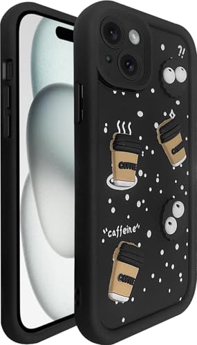 Image of SHINESTAR Back Cover for iPhone - 3D Cartoon Coffee & Eyes Design | Soft Silicone Shockproof Case with Full Camera Protection | Cute & Playful Phone Cover - Black