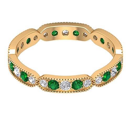 Natural Emerald Eternity Band With Diamond In Gold, Round Cut Emerald Full Eternity Milgrain Band Ring For Women, 1 Carat Eternity Band (May Birthstone), 14K Yellow Gold, Size:us 12.00 #TOP23