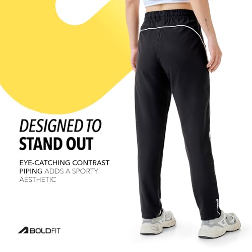 Image of Boldfit Track Pants for Women with Contrast Piping,Lightweight Poly Terry Fabric,Elastic Waistband, Side Slant Pockets,Regular Fit Gym Track Pants for Woman Athletic Gym,Running & Casual Wear Joggers