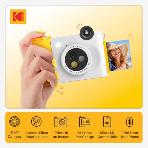 Image of Kodak Smile+ 2-in-1 Digital Instant Camera & Wireless Bluetooth Photo Printer, 10MP, Special-Effect Rotating Lens, Zink 2x3 (5.1x7.5 cm) Sticky-Back Photos (Renewed)