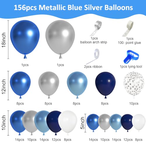 Image of Ouddy Life 156Pcs Blue Silver Balloons Garland Arch Kit, Navy Royal Metallic Light Blue Silver White Confetti Balloon for Birthday Wedding Baby Shower Birdal Graduation Retirement Party Decorations