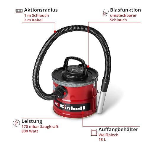 Einhell usisavač pepela TC-AV 1830 D (800 W, usisna snaga 170 mbar, sabirna posuda 18 L, sustav filtera, predfilter za finu prašinu, funkcija puhanja, crijevo 1 m, kabel 2 m)