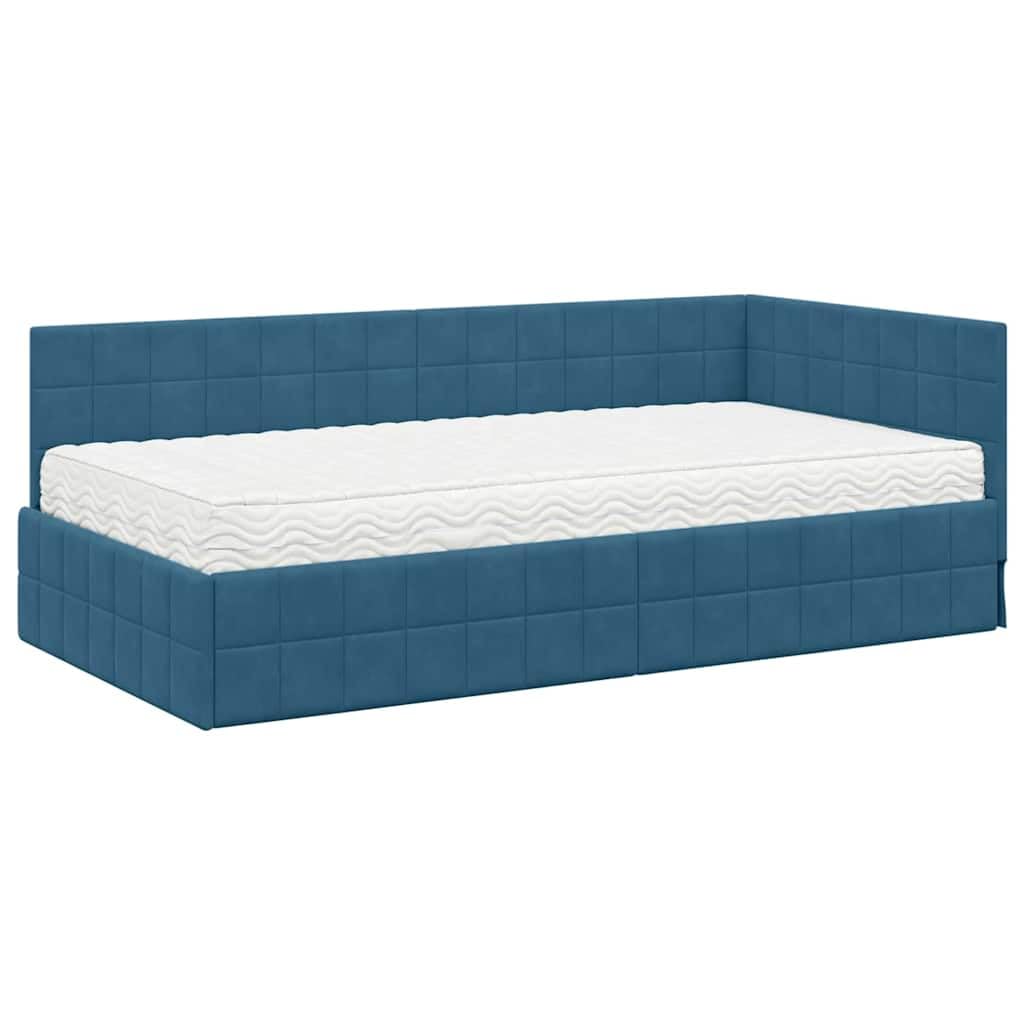 Struttura letto angolare con materasso 2 pezzi blu velluto design moderno comfort robusto telaio in compensato per camera da letto ospiti cameretta salvaspazio supporto stabile