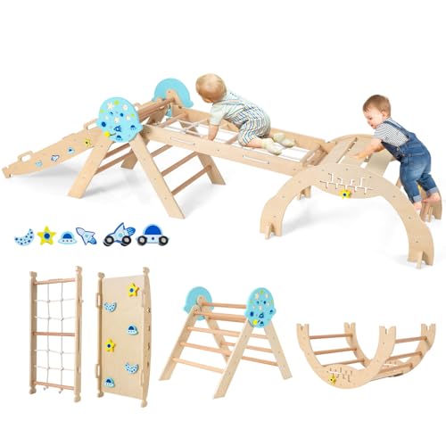 【Divertimento Infinito in Un Solo Set】 Ogni momento di gioco è una nuova avventura emozionante con il set triangolo 8-in-1. I bambini possono usare l'altalena a dondolo, arrampicarsi sulla rampa rocciosa, nascondersi nella tenda triangolare, conquistare il triangolo da arrampicata, mantenersi in equilibrio sul ponte, attraversare il ponte a mezzo cerchio, dondolare sull'arco o gattonare nel tunnel.