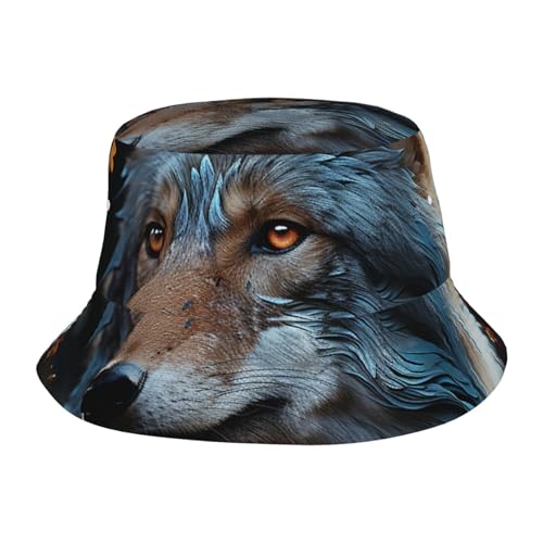 Unisex Cute Bucket Hat Summer Travel Fisherman Cap Autumn Leaves and A Wolf Beach Travel Sun Hat Outdoor Cap Black