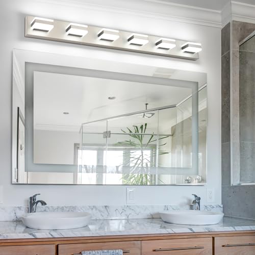 Image of SOLFART LED Modern Bathroom Vanity Lights Over Mirror Fixture Brushed Nickel Vanity Light 6 Light LED Nickel Wall Light ETL Listed