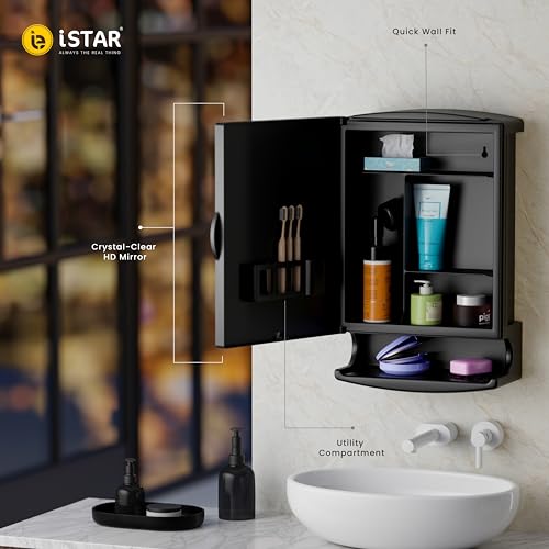 Image of iSTAR Bathroom Cabinet with Mirror | Multipurpose Storage Cabinet with Mirror | Modern Wall Mounted Accessories Organizer for Bathroom, Kitchen and Home (Black)