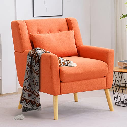 K Knowbody Accent Chair, Mid Century Modern Chair For Living Room, Linen Upholstered Comfy Armchair, Reading Chair With Solid Wood Legs, Small Chair For Bedroom, Warm Orange #TOP3
