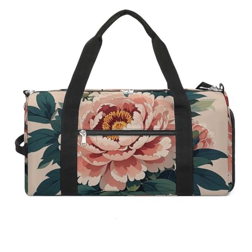 Sac fourre-tout pivoine vintage, sac de sport léger blanc et résistant pour la gym