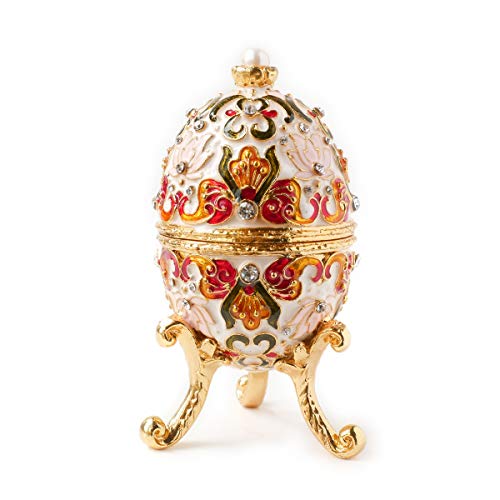 Apropos Hand-Painted Vintage Style Faberge Egg with Rich Enamel and Sparkling Rhinestones Jewelry Trinket Box (White)
