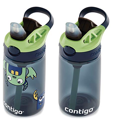 Image of Contigo Aubrey Kids Cleanable Water Bottle with Silicone Straw and Spill-Proof Lid Blueberry & Monsters 14 Ounce 2-Pack