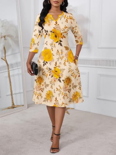 Image of PinkPatty Women's Casual 3 /4 Sleeve Midi Dresses Fit and Flare Church Work Dress with Pockets