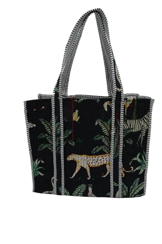 Quilted Large Cotton Fabric Tote Bag Travel Grocery Shopping Weekend Trips with Inside Pocket -Tropical Safari