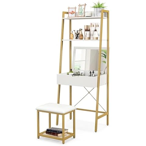 KOTEK Vanity Set with Mirror, Ladder Dressing Table with Cushioned Stool & Flip-Top Mirror, 4 Storage Compartments, Open Shelves, Makeup Vanity Desk for Small Space Bedroom (White + Gold) Cover