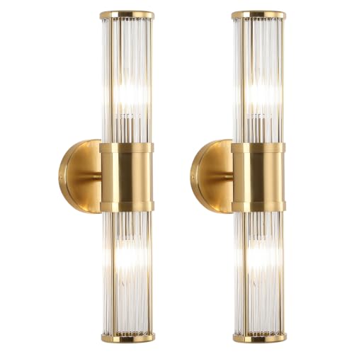 Image of Brushed Brass Wall Sconces Set of 2, Bathroom Sconces with Clear Glass Rods Shape, Modern Vanity Light Fixture for Living Room Bedroom Hallway (Bulbs Not Included)