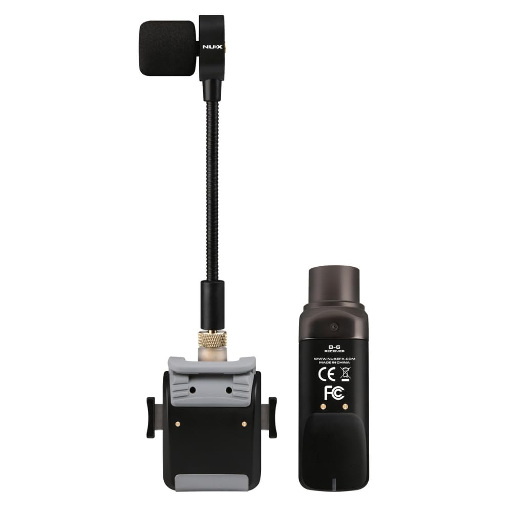 NUX Saxophone Microphone Wireless System (B-6S) with Charging Case Bundle with 2X Strukture S6P48 Woven Right Angle Patch Cables, 12x Fender Guitar Picks and Liquid Audio Instrument Polishing Cloth