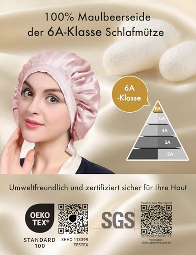 Foto von LilySilk 100% Maulbeerseide Schlafmütze rutschfest verstellbar und atmungsaktiver Kopfbedeckung Seidenhaube zum Schlafen Nachtmütze mit elastischem Band für alle Haartypen,rosiges Rosa