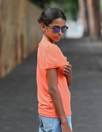 Image of Arshiner Girls Shirts Mesh Puff Short Sleeves Blouse Crewneck Cute Print Summer Kids Tee Tops