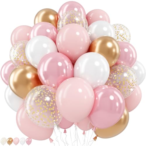 Image of Pink White Gold Balloons, 12 Inch Double Stuffed Pearl Pale Baby Light Pink White Sand Metallic Gold Latex Balloon Polka Dot Balloons for Fairy Birthday Wedding Baby Bridal Shower Party Decorations