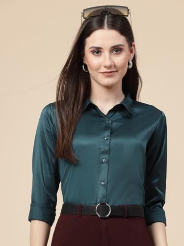 Image of Style Quotient Women Olive Satin Regular Formal Shirt