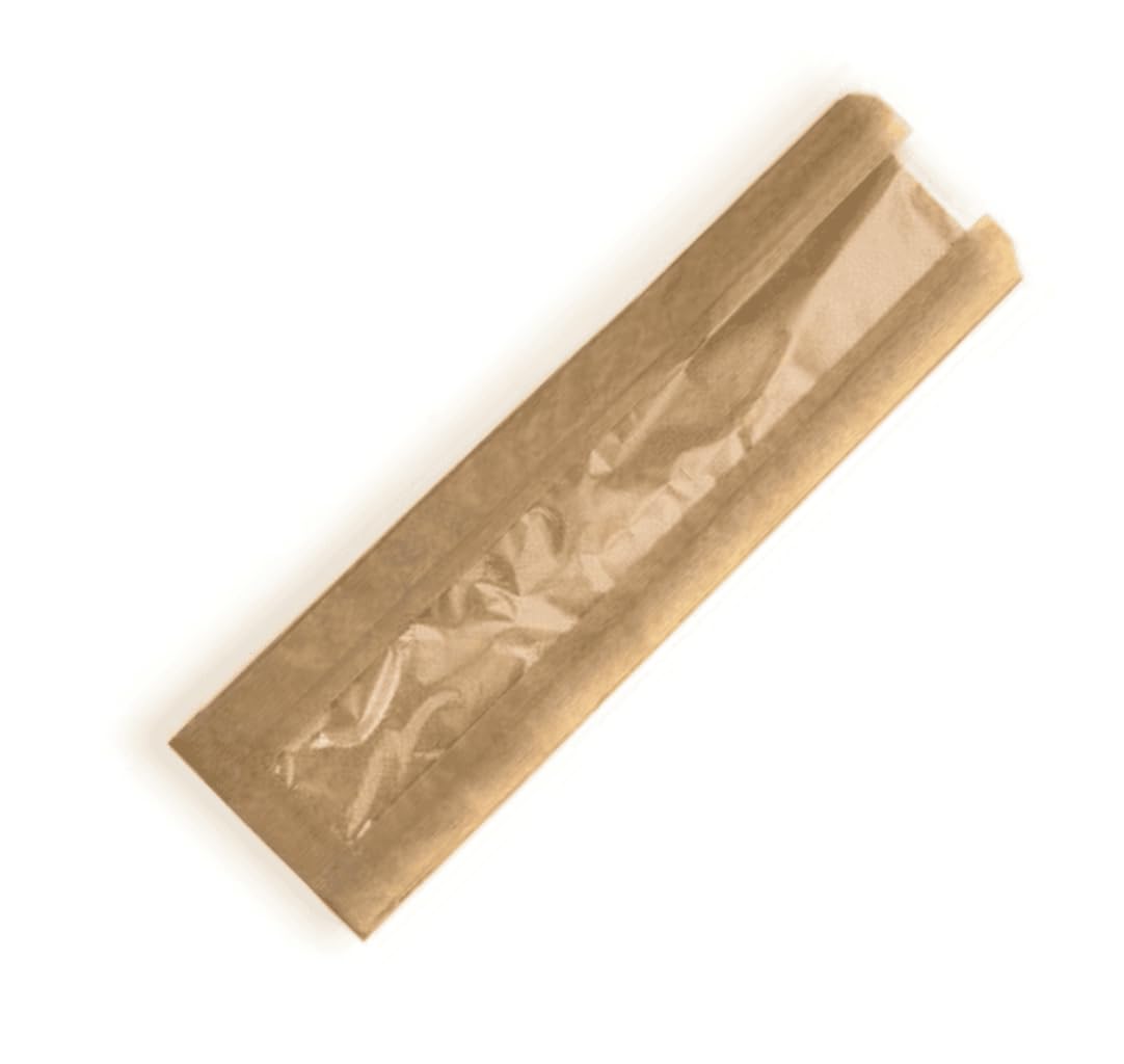 Compostable Baguette Paper Bags for Food Use PLA Film Fronted 4" x 6" x 14" / 100mm x 150mm x 355mm - Environmentally Friendly - Brown (100, 4" x 6" x 14")