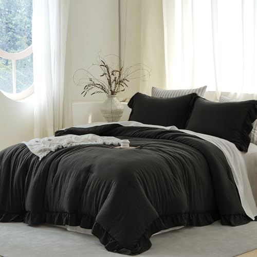 Image of Black Ruffle Comforter Set King, Pre-Washed Shabby Chic Bedding Set, Lightweight Cottagecore Soft Romantic Cozy 1 Comforter & 2 Shams, All-Season