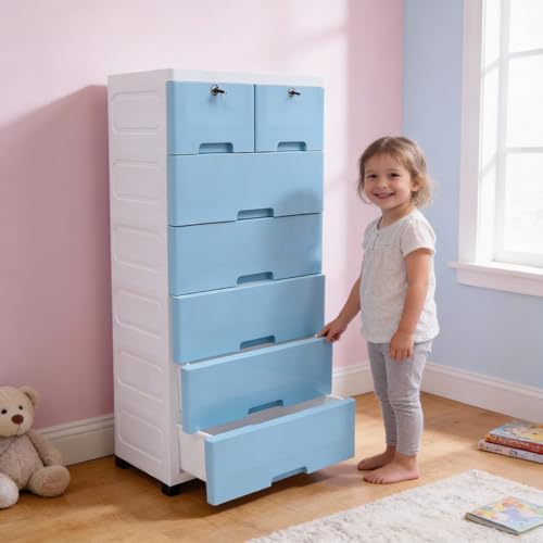 Image of The Tickle Toe Plastic Chest of 7 Drawers for Kids | Multipurpose Organizer for Boys in Blue Theme | Dresser Storage with 2 Locks | Glossy Finish | L51xW33xH121 cm | Blue