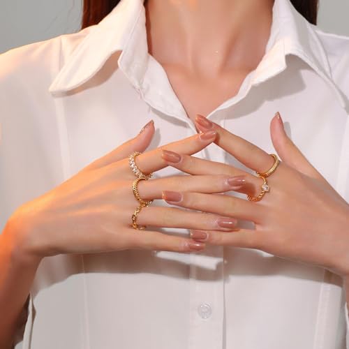 PLOMFOV Gold Plated Stackable Rings - Wedding Bands & Eternity Rings, Dainty 14K Gold Plated, Thin & Simple, Trendy Thumb Stacking Ring Pack (Size 12/11/10/9/8/7/6/5/4) 7