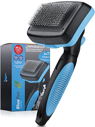 BluePet® Spazzola per cani e gatti a pelo lungo - Rimuove delicatamente sottopelo, grovigli e nodi - Spazzola a strappo 2.0 con pulsante di pulizia - Per uso quotidiano
