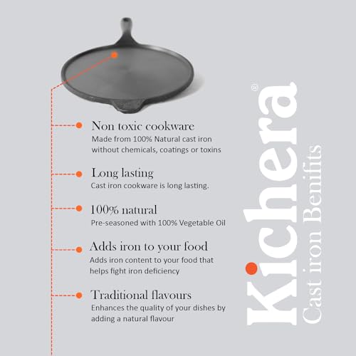 Image of Kichera 10Inch Pre Seasoned Cast Iron Dosa Tawa /Pan with a Long Handle - 1.8kg Weight, Natural Non-Stick Surface | Induction Friendly | Ideal for Dosa, Roti, Chapathi and More