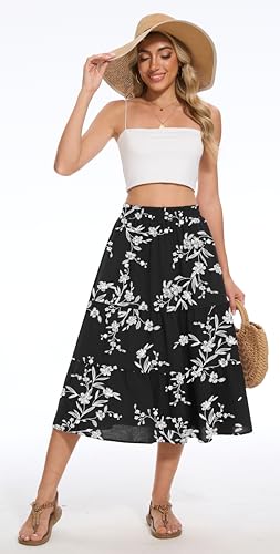 AYIFU Women's Summer Midi Skirt Tiered Flowy High Waist A-Line Elastic Ruffle Casual Skirts with Pockets, White Flower Black, M - Image 4