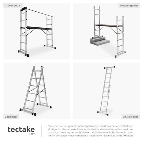 TecTake Gerüst, Leiter 4 in 1, Mobile Mehrzweckleiter, Arbeitsbühne, Baugerüst, Alu Gerüst, Rollgerüst mit Arbeitsplattform, Haushaltsleiter, belastbar bis max. 150 Kg - Silber