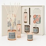 Lussuoso set regalo profumato – Candela profumata, diffusore di bastoncini in rattan e spray – 25 x 19 x 6 cm – Confezione regalo – Set regalo per uomo e donna – Profumo per interni – Floreale e