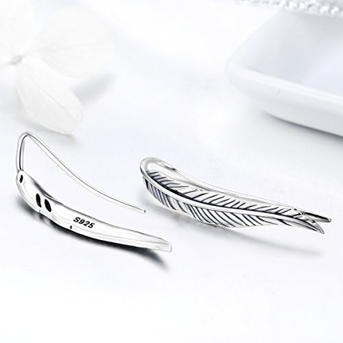 Feather 925 Sterling Silver Ear Cuff Wrap Earrings for Women Girls Pierced ears Crawler Climber Hypoallergenic4