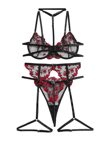 Image of Lilosy Sexy Choker Floral Lace Scallop Sheer Underwire Push Up Garter Belt Lingerie Set 3 Piece