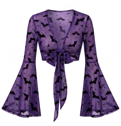Image of For G and PL Women Tie Front Bell Sleeve Rave Crop Tops Floral Print Hippie Mesh Sheer Shirt
