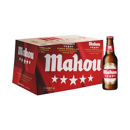 Mahou 5 Estrellas, Pack de 24 Botellas x 25 cl, Cerveza Especial Dorada Lager Con Sabor 5 Estrellas, 5.5% Volumen de Alcohol