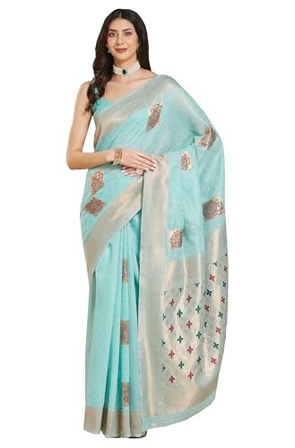 Image of Janasya Women's Sea Green Linen Blend Ethnic Motifs Woven Design Jacquard Saree with Blouse Piece